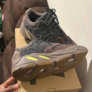 Yeezy Gray and Brown Sneakers with Yellow Highlights